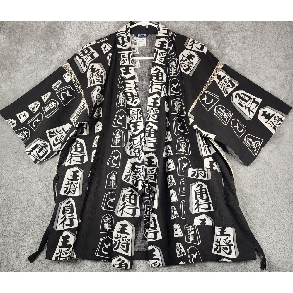 Jinbei Kimono Mens M Black White Shogi Kanji Print Cotton Side Tie Wrap Top